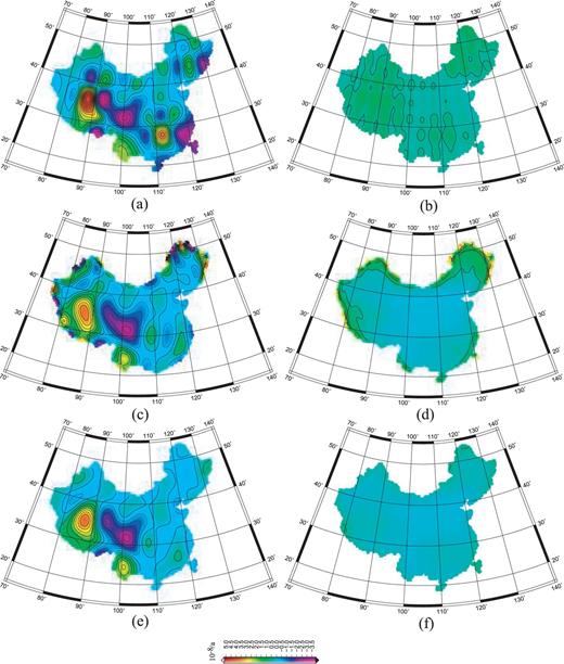 Results of the strain rate field in the λ direction and their error distribution during 1999–2004: (a) results for multisurface functions, (b) errors for multisurface functions, (c) results for spherical harmonic, (d) errors for spherical harmonic, (e) results for least-squares collocations and (f) errors for least-squares collocations.