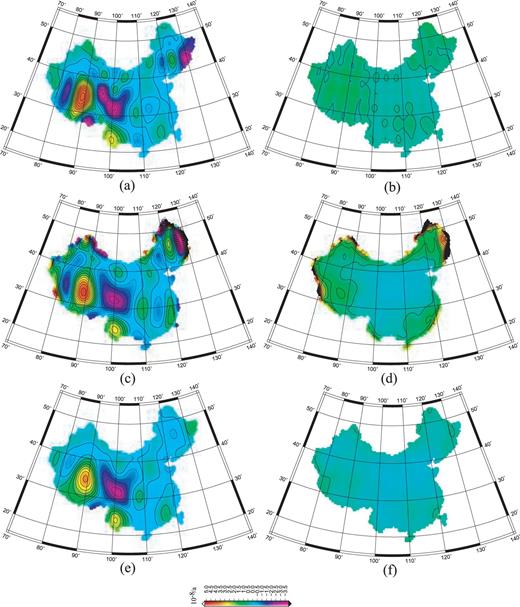 Results of the strain rate field in the λ direction and their error distribution during 1999–2004 (decimated 50 per cent data): (a) results for multisurface functions, (b) errors for multisurface functions, (c) results for spherical harmonic, (d) errors for spherical harmonic, (e) results for least-squares collocations and (f) errors for least-squares collocations.