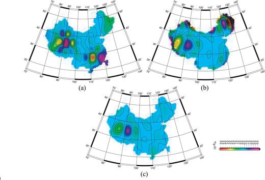 Minus strain rate field in the λ direction among all input data and decimated 50 per cent data (Fig. 9–Fig. 11) (a) results for multisurface functions, (b) results for spherical harmonic and (c) results for least-squares collocations.