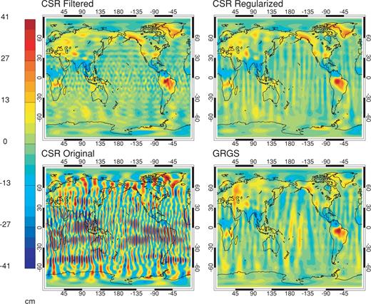 Comparison of original CSR solution (lower left), filtered CSR solution (upper left), regularized CSR solution (upper right) and GRGS solution (lower right), for a single month (April 2005) minus the long-term mean. Maps are expressed in centimetre equivalent water thickness.