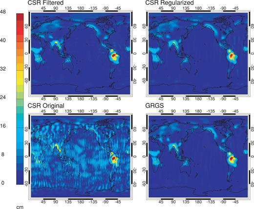 Comparison of amplitude of mean annual cycle for original CSR solution (lower left), filtered CSR solution (upper left), regularized CSR solution (upper right) and GRGS solution (lower right). Maps are expressed in centimetre equivalent water thickness.