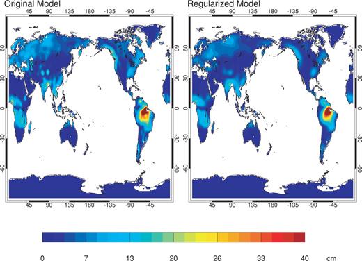 Comparison of original (left panel), and regularized (right panel) CLM surface-mass estimate. Maps are expressed in centimetre equivalent water thickness.