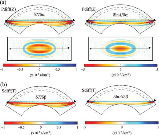 (a) Fréchet kernels of vertical-component Pdiff wave in the source–receiver great-circle plane (top panels) and on the CMB for P-wave speed α. The left panels are kernels of traveltimes and the right panels are kernels of amplitudes. Waves with period of 8 s or longer are included. Both the source and receiver are at the surface and the epicentral distance is Δ= 105°. (b) Fréchet kernels of transverse-component Sdiff wave for S-wave speed β. The left panels are kernels of traveltimes and the right panels are kernels of amplitudes. Waves with period of 8 s or longer are included. Both the source and receiver are at the surface and the epicentral distance is Δ= 105°.
