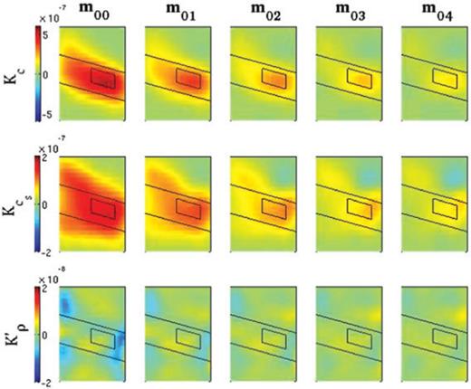 Evolution of fast bulk sound wave Fréchet derivative Kc, the shear wave derivative and the impedance derivative K′ρ (top, middle and bottom rows, respectively) from the initial model m00 (first column) through model m04 (fifth column) for a poroelastic inversion using direct P-wave traveltime anomalies. Note how the amplitude of the gradient decreases with each subsequent iteration. A similar number of iterations is required for acoustic, elastic and Gassmann elastic inversions.