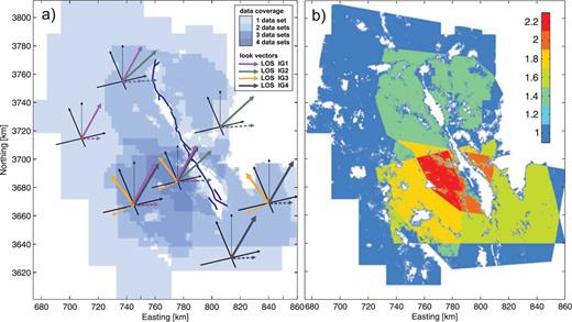 (a) Data coverage overlap for interferograms IG1-IG4 and the corresponding 3-D LOS vectors pointing from the ground towards the satellite (solid arrows) with their surface projections (dashed arrows). (b) Overlapping-data weights of pixels in the study area.