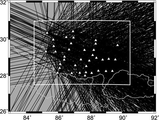 Great circle ray path coverage at the period of 50 s. The study region is marked with the open box. The ray path coverage is excellent within the study region except for the western edge.