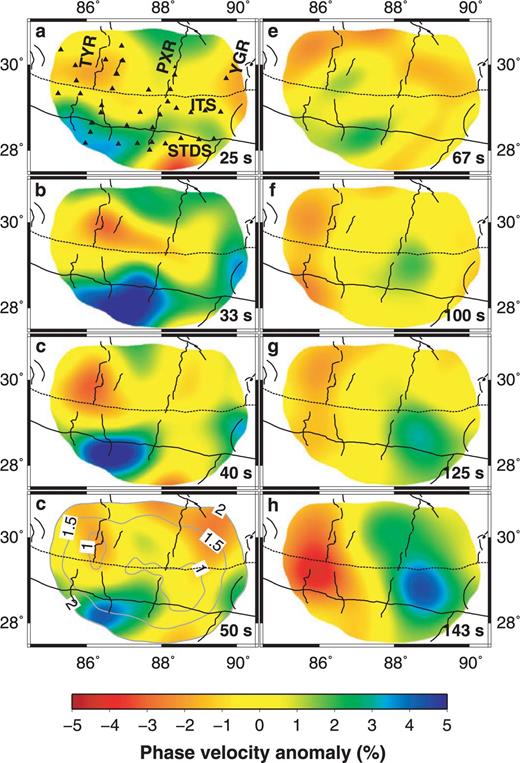Maps of Rayleigh wave isotropic phase velocity anomalies and standard derivations. The phase velocity anomaly maps are illustrated at the periods of (a) 25 s, (b) 33 s, (c) 40 s, (d) 50 s, (e) 80 s, (f) 100 s, (g) 125 s and (h) 143 s. The velocity anomalies are calculated relative to the average phase velocities in the entire study region. The maps are clipped using the contour of 2 per cent double standard errors at the period of 50 s (Fig. 8d). The black triangles denote the seismic stations (Fig. 8a). The main tectonic boundaries and the N–S trending rifts are marked with the abbreviations as same as in Fig. 1.