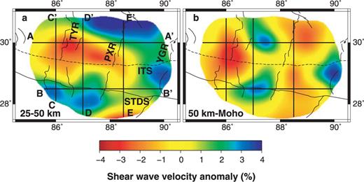Maps of shear wave velocity anomalies in the crust: (a) 25–50 km and (b) 50 km–Moho. The velocity anomalies are calculated relative to the average shear wave velocity in southern Tibet. The maps are clipped with the same procedure as in Fig. 8(d). The main tectonic boundaries and the N–S trending rifts are marked with the abbreviations as same as in Fig. 1. Locations of vertical profiles are plotted either.
