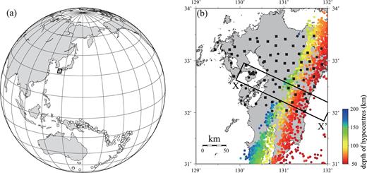 (a) Epicentral distribution. Circles indicate epicentres of teleseismic events that we analyse. We stack RFs beneath the box. (b) Station distribution. Squares and black circles indicate Hi-net and the J-array stations, respectively. Coloured circles indicate hypocentres of earthquakes determined by JMA which occurred deeper than 50 km.