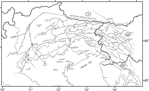 Simplified structural model of NE Italy and W Slovenia (modified from Carulli et al. 1990; Castellarin et al. 2006; Galadini et al. 2005). Legend (structures): MB, M. Baldo-M. Stivo-M. Bondone fault; GS, Giudicarie structural system; VM, Volta Mantovana fault; PAL, M. Pastello-Ala fault; SC, Schio-Vicenza fault; TC, Trento-Cles fault; ST, Stava-Collaccio fault; BC, Bassano-Cornuda fault; BV, Bassano-Valdobbiadene fault; BL, Belluno fault; VS, Valsugana fault; FU, Funes fault; AN, Antelao fault; MT, Montello fault; CA, Cansiglio fault; PM, Polcenigo-Maniago fault; AR, Arba-Ragogna fault; PE, Periadriatic thrust; PU, Pinedo-Uccea fault; DA, Dof-Auda fault; SA, Sauris fault; BC, But-Chiarsò fault; FS, Fella-Sava fault; VR, Val Resia fault; ST, Susans-Tricesimo fault; UD, Udine-Buttrio fault; PZ, Pozzuolo fault; MD, Medea fault; PA, Palmanova fault; ID, Idrija fault; PR, Predjama fault.