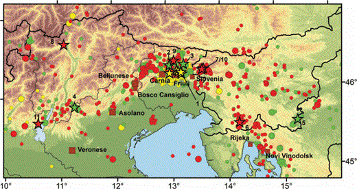 Seismicity in the area. Brown squares: historical seismicity (earthquakes with intensity ≥IX are shown with squares dimensions proportional to earthquake intensity: 1117 January 3, Veronese IMCS = IX–X; 1323 Novu Vinodolsk IMCS = IX; 1348 January 25, Carnia IMCS = IX–X; 1511 March 26, Slovenia IMCS = X;1695 February 25, Asolano IMCS = IX–X; 1721 January 12, Rijeka IMCS = IX; 1873 June 29, Bellunese IMCS = IX–X; 1936 October 18, Bosco del Cansiglio IMCS = IX; 1976 May 6, Friuli IMCS = IX–X). Yellow symbols: seismicity from 1976 to 1977. Green symbols: seismicity from 1977 to 2004. Red symbols: seismicity from 2004 to 2007 (the time period analysed in this paper). Circles: earthquakes with 2.8 ≤ML < 5 (symbol dimensions are proportional to earthquake magnitude). Stars: ML≥ 5 earthquakes (numbers: 1: 1976 swarm; 2: 1977 Trasaghis earthquake; 3: 1979 Lusevera earthquake; 4: 1989 Pasubio earthquake; 5 and 6: 1993 and 1995 Slovenia earthquakes; 7 and 10: 1998 and 2004 Kobarid earthquakes; 8: 2001 Merano Earthquake; 10: 2002 Sernio earthquake; 11: 2004 Salò earthquake).