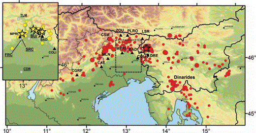 Location of earthquakes and stations used in this study. Red symbols: earthquake epicentres corresponding to digital data collected by the OGS. Yellow symbols (upper left side rectangle – dotted area in the main map): earthquake epicentres corresponding to acceleration data recorded by the RAN and collected in the ITACA database. Symbol dimensions are proportional to earthquake magnitude. Stars indicate the ML≥ 5 events. Black triangles: OGS seismic stations. Grey squares: RAN stations.