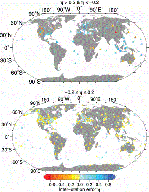 Maps of the interstation errors for the 476 station used in the regression analysis. Top panel: stations with absolute interstation errors larger than 0.2 m.u. Bottom panel: interstation errors within the range ±0.2 m.u.