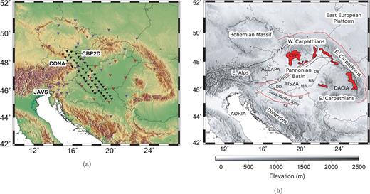 (a) Distribution of broad-band stations used in the study. Purple triangles are the permanent seismological stations, black triangles the Carpathian Basins Project (CBP) 30 s period instruments, red triangles the CBP 100 s period instruments. The locations of three stations used in Fig. 5 are shown; (b) Sketch map of the Carpathian–Pannonian region. Simplified surface structural features are shown as black and red lines. The Middle Miocene to subrecent magmatic rock outcrops after Kovács et al. (2007) are shown in red. Abbreviations show features referred to in the text: MHL, Mid-Hungarian Line; PKB, Pieniny Klippen Belt; PAL, Periadriatic Line; DF, Drava Fault; SF, Sava Fault; DD, Drava depression; MB, Makó basin; BB, Békés basin; DB, Derecske basin; CSVF, Central Slovakian volcanic field.