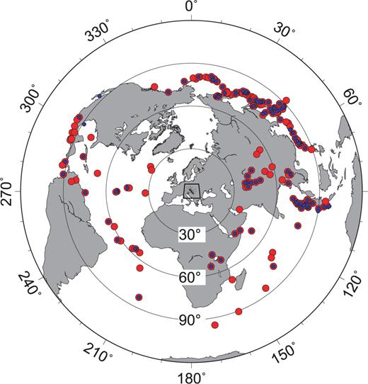 Azimuthal projection of the earthquake epicentres recorded from 2006 May to 2007 August used in the tomographic inversion. Red circles show the 225 earthquakes used in the P-wave inversion; smaller blue circles show the 124 events used in the S-wave inversion. 30° distance increments are marked from the centre of the CBP network.