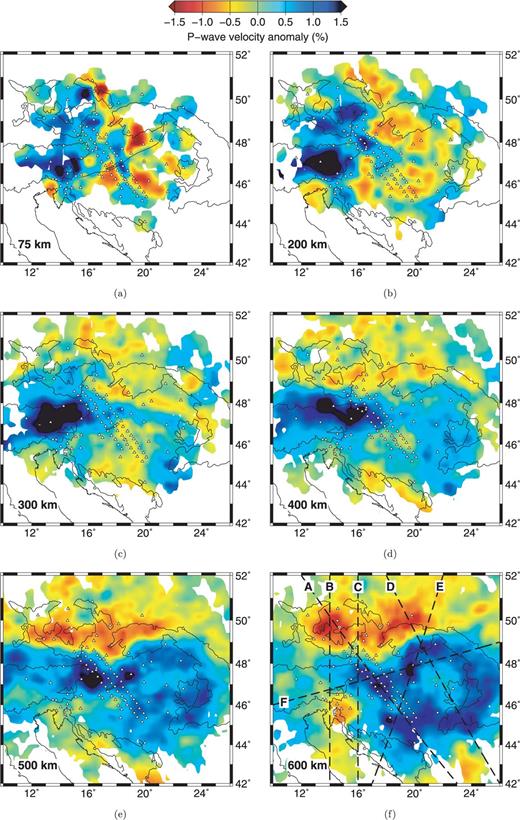 Depth slices through the P-wave tomographic model. The locations of stations are shown as triangles. Locations of vertical sections are shown on the 600 km slice. The Mid-Hungarian Line is also shown in (a) for reference. The solution is blanked out where ray coverage is inadequate.