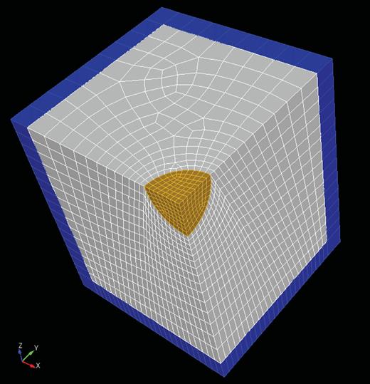 Mesh of a quarter of a half space containing a hemispherical basin. The model is cut into four quarters independently meshed using CUBIT and then reassembled. The basin (yellow) is meshed first, then the free surface, and finally the volume. The blue elements correspond to the PML.