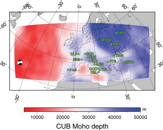 Map of the Moho of model CUB (Shapiro & Ritzwoller 2002) in the Atlantic-European region. The source-receiver configuration used in Section 4.3 is also shown.