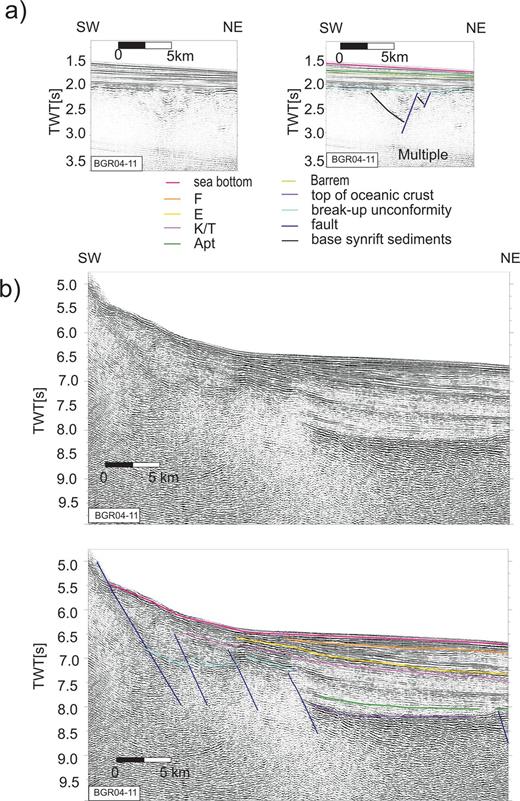 Inlets of section BGR04–11 and specific interpretations, respectively. (A) Rift graben on Falkland Shelf, (B) continent ocean transition covering the FAFZ. F und E are Tertiary horizons, K/T is Cretaceous/Tertiary boundary.