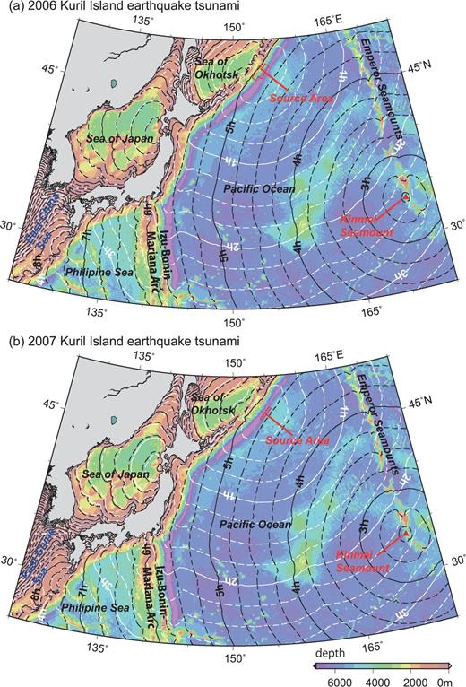 Isograms of traveltimes of the 2006 and 2007 Kuril Island earthquake tsunamis. White lines are isograms of calculated traveltimes of the tsunami fronts. Tsunami source areas indicated by thin red lines, assumed to be just above the subfaults derived by inversion of tsunami waveforms (Fujii & Satake 2008). Black lines indicate traveltimes of scattered tsunami waves generated by reflection from Kinmei Seamount.