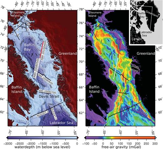 Left-hand panel: bathymetric map of the Baffin Bay area (GEBCO_08 Grid, Version 20090202, ) with place names and locations of published seismic refraction data. The profiles discussed in this paper are marked in white and red (Gohl 2009; Damm 2010), short black lines mark sonobuoy profiles from Keen & Barrett (1972); all other data are seismic refraction lines; Numbers 1-4 are line 1-4 (Jackson & Reid 1994; Reid & Jackson 1997); NS is Nares Strait Line 3 (Funck 2006); AWI-20080600 (Funck 2012; submitted); AWI-20080700 (Gohl et al. 2009; in preparation); NUGGET-1 and -2 (Funck 2007; Gerlings 2009). Right-hand panel: free-air gravity anomalies derived from satellite altimetry (Sandwell & Smith 2009; version 18.1) of the offshore area of Baffin Bay. The same locations as in the left map are marked.