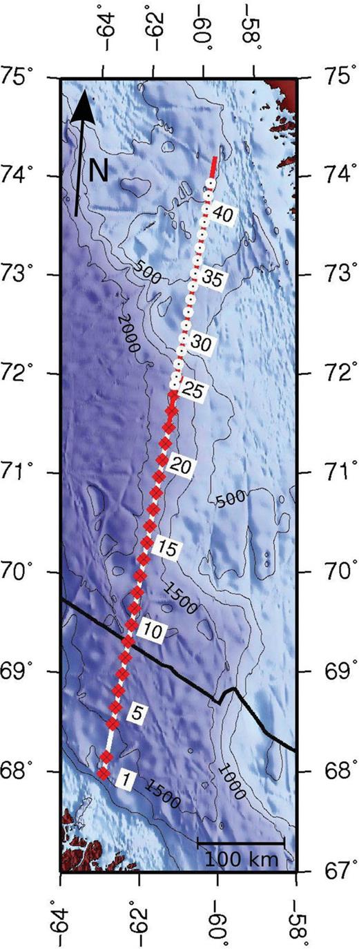 Locations of OBS along line AWI-20080500 (white line with red OBS locations) and AWI-20100400 (red line with white OBS locations); OBS 3 did not record data and is therefore not marked; line AWI-20080600 is marked in black; bathymetry map from GEBCO_08 Grid, Version 20090202,.