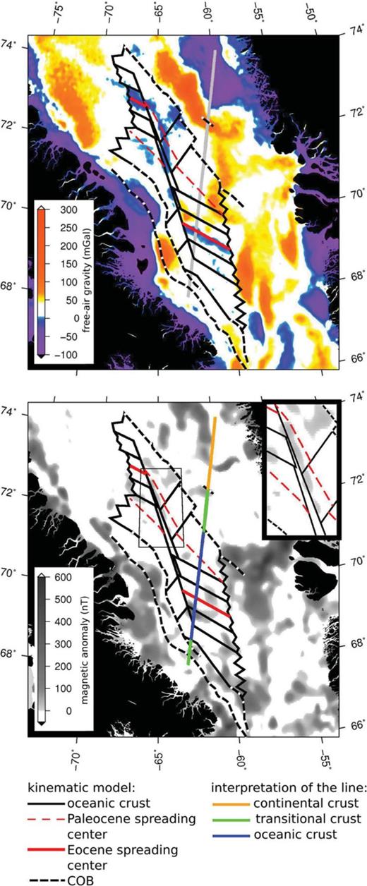 Top panel: features of our kinematic model and the location of the presented line (grey) on top of satellite derived free-air gravity data (Sandwell & Smith 2009; version 18.1). Bottom panel: features of our kinematic model and the location of the presented line with interpretations of the crustal character on top of magnetic anomaly data (EMAG2 V2, Manus et al. 2009). Closeup in the upper right: positive magnetic anomaly at the location of the transform fault.