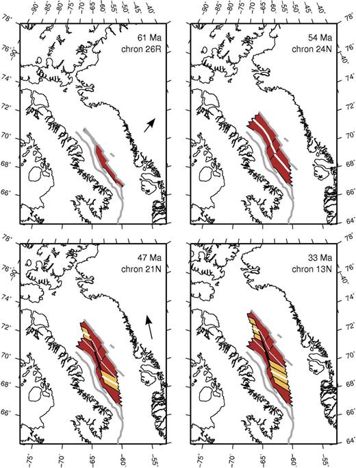 Evolution of oceanic crust in southern Baffin Bay with rotation poles from Oakey (2005). Thick grey lines outline the continent-ocean transition: on the Baffin Island margin from Skaarup (2006), modified at the location of our line; on the Greenland margin from Chalmers & Oakey (2007). The extent of transitional crust is marked on the Greenland margin only at the location of our line. Palaeocene oceanic crust is marked in dark brown, Eocene oceanic crust in light brown, spreading centres in white. Arrows indicate the motion of Greenland relative to the North American Plate.