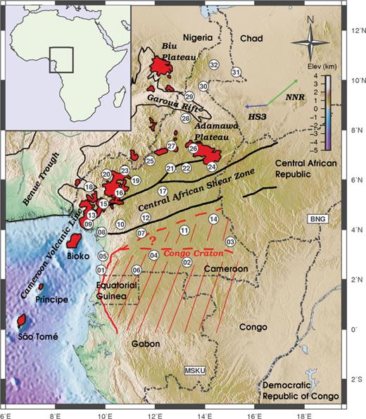 Map showing the CVL and surrounding region. Volcanic centres are shaded in red. The white symbols represent seismic stations where shear wave splitting was measured; circles represent temporary stations installed in Cameroon for this study and rectangles represent seismic stations from other studies. Absolute plate motions calculated from the no-net-rotation (DeMets 1994) and the hotspot (Gripp & Gordon 2002) models are indicated, in addition to relevant geologic features. The unconstrained location of the northern boundary of the Congo Craton is indicated by two dashed red lines.