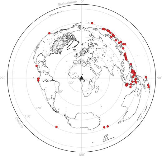 Map centred on Cameroon showing all the events used for this study. Each event provided a shear wave splitting measurement for at least one station.