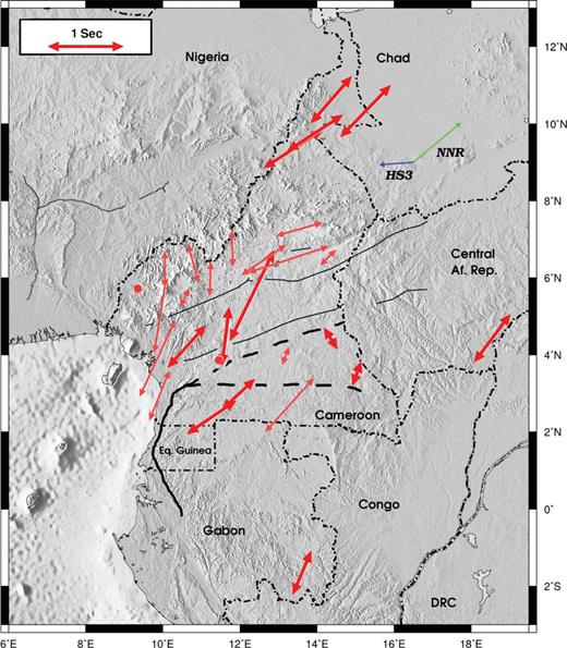 Map of splitting parameters measured around the CVL. High-quality results are shown with thick red lines; medium-quality results are shown with thin red lines. Low-quality results are not plotted. The two red circles indicate stations where no splitting was found. The length of the arrows is proportional to the splitting time. In general, the fast splitting directions are northeast—southwest. At stations located on the CVL, splitting is oriented north—south. There is a band across central Cameroon, north of the Congo Craton, at latitude 4°N, where the observed splitting has a small magnitude and variable fast direction.
