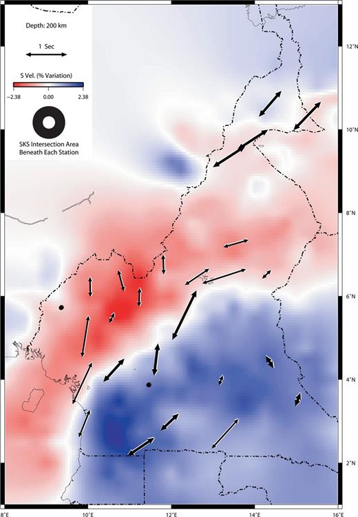 Measured splitting parameters plotted on a map of S-wave velocity variation at a depth of 200 km. Although anisotropy is not necessarily localized to this region of the mantle, the velocities at this depth provide an interesting context for our measurements. A region of low velocity extends beneath the CVL and higher velocities are found to the south of the CVL. In general, the fast splitting direction is northeast—southwest in the fast-velocity region and roughly north—south in the low-velocity region. In addition, fast splitting direction along the boundary between fast- and slow-velocity regions is tangential to the boundary. At this depth, the SKS ray paths do not pierce directly below the station locations; instead, the piercing points lie in a circle around the station. The area of this circle is shown in the legend. Figure modified from Reusch (2010).