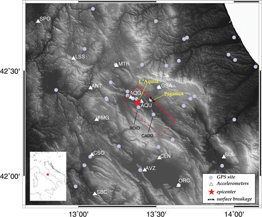 Map of the fault geometry of the 2009 L'Aquila earthquake. The red box represents the surface projection of the fault plane adopted in this study. White triangles represent the selected strong motions stations. Violet dots represent the GPS sites; the red star indicates the epicentre. In yellow are displayed the location of the L'Aquila town and Paganica village.