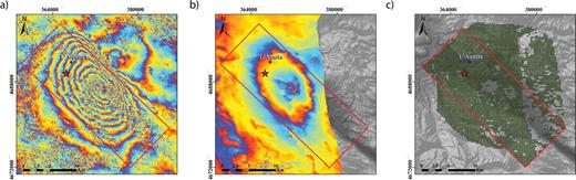 (a) Envisat wrapped interferogram; (b) ALOS wrapped interferogram; (c) Green colour shows the 4599 resampled pixels (size 300 m), from both interferograms, selected in this study. The red rectangle represents the surface projection of the fault plane fixed for this study, while the red star represent the epicentre.