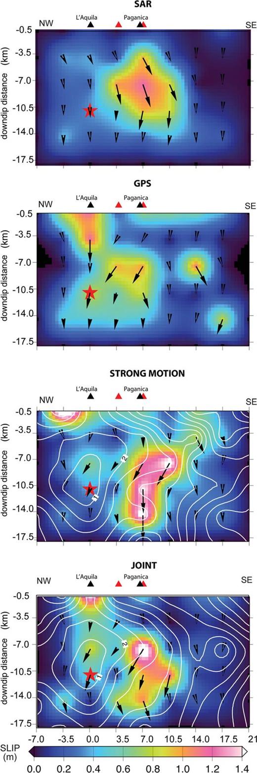 Slip maps from the inversion of the real data. From top to bottom are displayed the slip distributions for the DInSAR, GPS, strong motion and joint inversion of the three data sets. In each panel, black and red triangles show the location of the L'Aquila city and Paganica village, and the observed surface breakages, respectively.