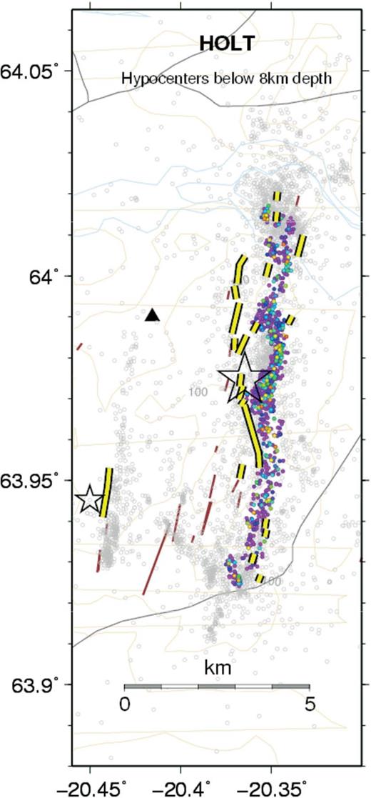 Aftershocks (dots) and pattern of surface fractures (double lines) in the SISZ earthquake of 2000 June 17 (Hjaltadóttir & Vogfjörd 2005).