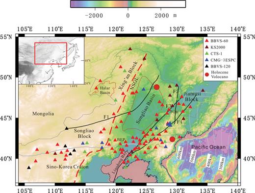 Map showing the major tectonic units and the locations of stations (triangles) used in this study. NSGL represent the North South Gravity Lineament. F1, F2, F3 and F4 represent the Nenjiang, Mudanjiang, Jiayi and Dunmi faults, respectively.