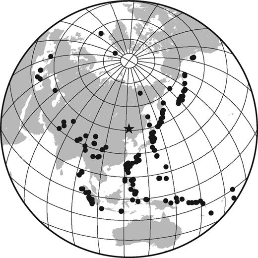 Azimuthal distribution of events used in this study. Distances between the earthquakes (solid circles) and the centre of the study area (star) ranged from 15° to 100°.