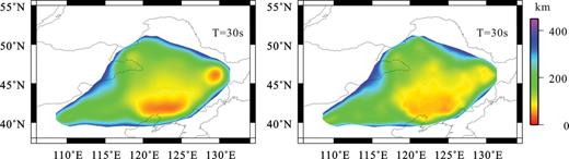 Horizontal resolution maps for Rayleigh wave group (left) and phase (right) velocity maps at 30 s.