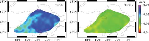 Standard errors estimated for the Rayleigh wave group (left) and phase (right) velocity maps at 30-s period.