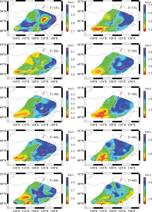 Rayleigh wave group (left) and phase (right) velocity maps for periods of 15–60 s.