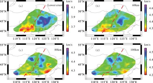 Horizontal slices of the 3-D S-velocity model at the depths of (a) lower crust, (b) 60 km, (c) 80 km and (d) 100 km.