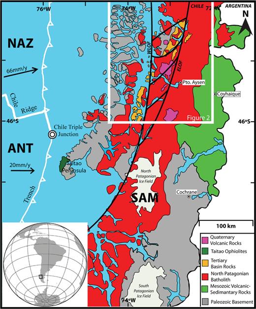 Location, tectonic setting and simplified geology of the Aysén Region. Geology from SERNAGEOMIN (2003).