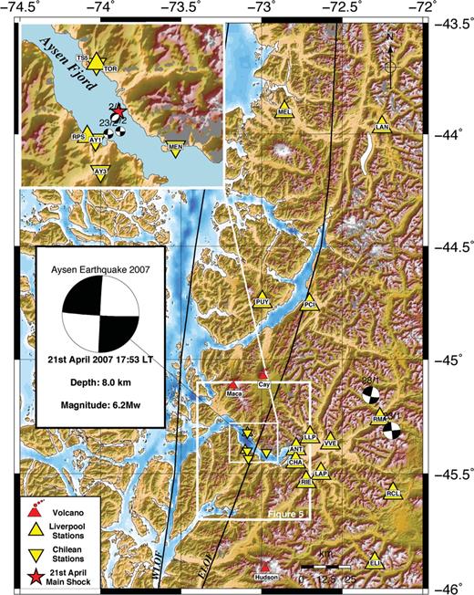 Study area and distribution of seismic network around Aysén Fjord including largest events (M > 5) of the 2007 seismic sequence. Focal mechanisms from GCMT Catalogue except main shock from USGS Catalogue. Location of largest events from this work except events January 23 and 28 from NEIC catalogue.