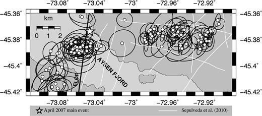 Detail of events within the Aysén Fjord area showing seismicity and present structures. See Section 2.3 for more details.