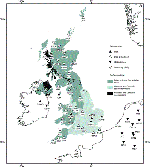 Simplified geological map of British Isles showing distribution of broadband, three component, seismometers used in this study. Labelled solid triangles – stations deployed during British Isles Seismic Experiment (BISE); open triangles – stations operated by BGS and by AWE-Blacknest; inverted solid triangles – stations operated by IRIS and by ORFEUS; inverted open triangles – temporary stations operated by IRIS. See Table 1 for additional information. Dark grey shading – Precambrian and Palaeozoic rocks; light grey shading – Mesozoic and Cenozoic sedimentary rocks; black shading – Cenozoic igneous rocks. Redrawn from Woodcock & Strachan (2000).