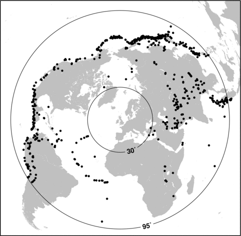 Azimuthal equidistant projection centred on 55°N, 4°W and showing 1055 events located at angular distances of 30°–95° from stations plotted in Fig. 1. Distribution of backazimuths is not uniform: majority of events are from north and west quadrants.