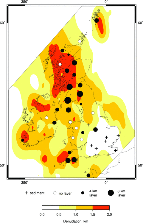 Thickness of lowermost crustal layer from receiver function modelling plotted on smoothed map of denudation (Mackay 2006). Black circles – deep crustal layer thicknesses estimated from modelling; white circles – no layering required in model; crosses – modelling not possible due to sediment reverberations.