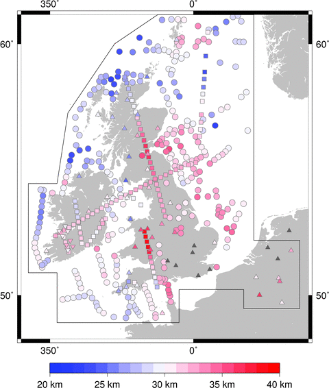 Map summarizing crustal thickness measurements. Coloured triangles – crustal thicknesses estimated from receiver functions (upright triangles – this study; inverted triangles – previous studies); coloured circles – crustal thicknesses estimated from deep seismic reflection profiles (Chadwick & Pharaoh 1998); coloured squares – crustal thicknesses estimated from wide-angle profiles; black triangles – stations dominated by sedimentary layer reverberation which were excluded from this study.