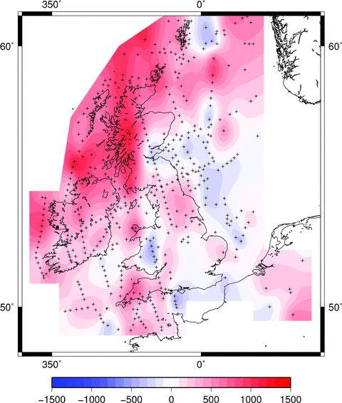 Map of residual topography calculated by isostatically balancing crust and lithosphere at each sample point against a mid-oceanic ridge. Greatest difference between calculated and observed elevation occurs in northwest Scotland.